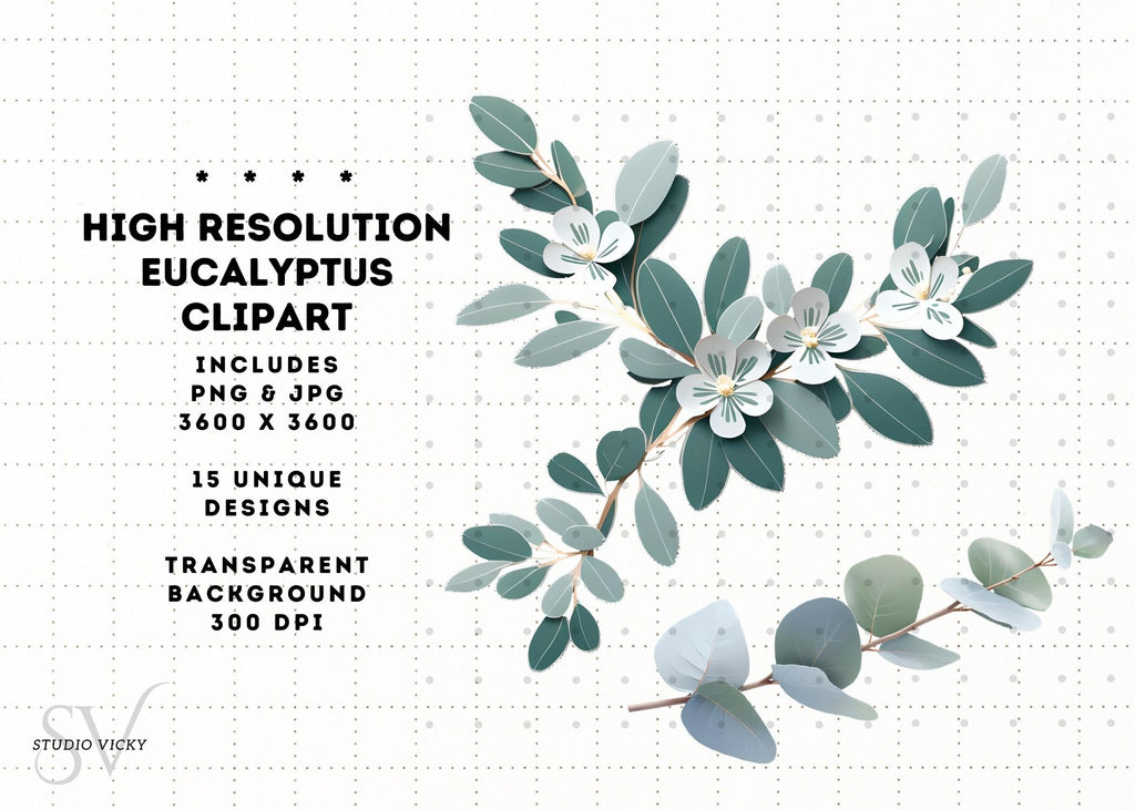 Eucalyptus Clipart Set: Watercolor Leaf, Silver & Gold Frames (PNG, JPG)