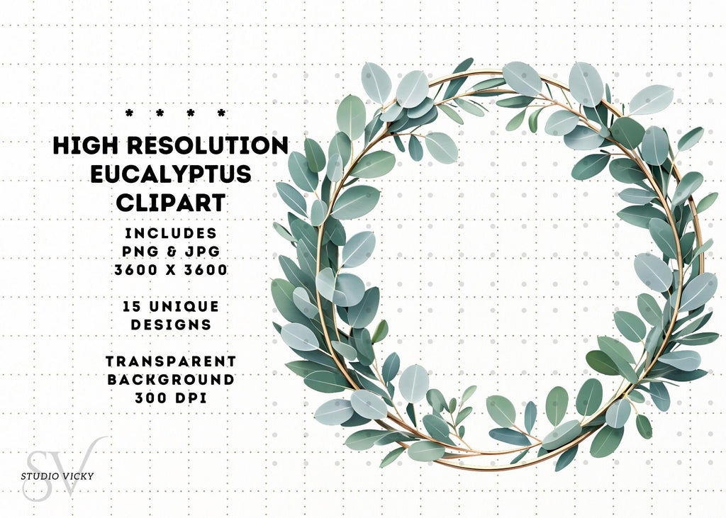 Eucalyptus Clipart Set: Watercolor Leaf, Silver & Gold Frames (PNG, JPG)