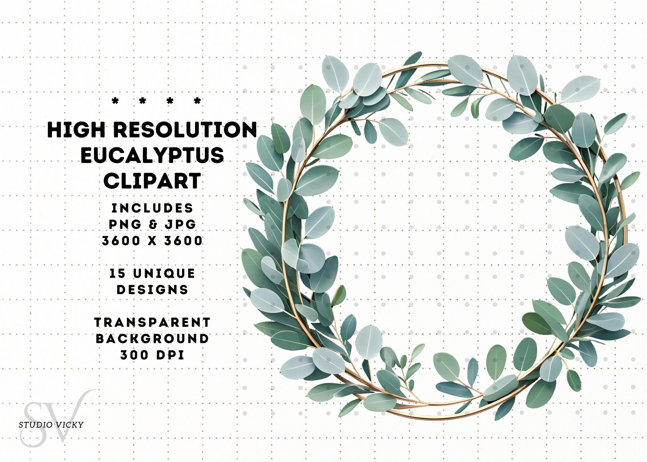 Eucalyptus Clipart Set: Watercolor Leaf, Silver & Gold Frames (PNG, JPG)