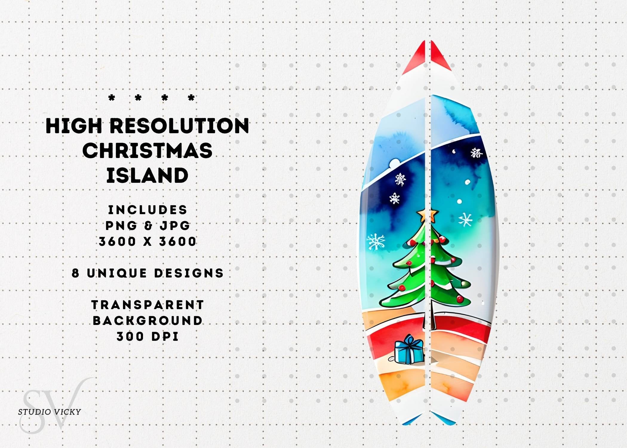 Christmas Island Clipart: Santa, Snowman, Surfboard (PNG & JPG)