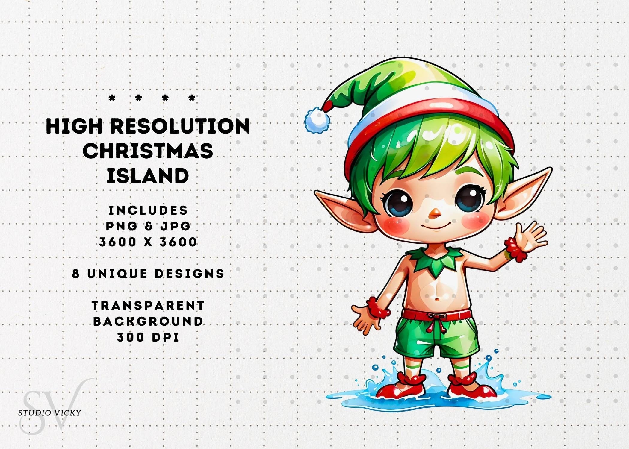 Christmas Island Clipart: Santa, Snowman, Surfboard (PNG & JPG)