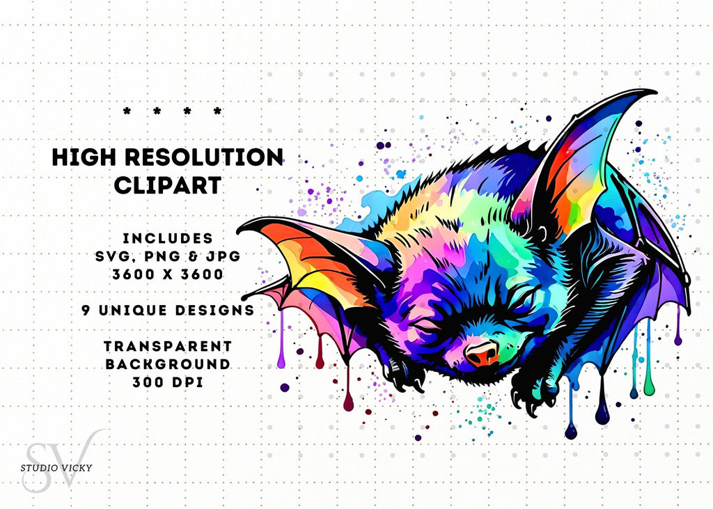 Watercolor Bat Clipart Bundle: Halloween PNG, SVG, JPEG (Digital Download)