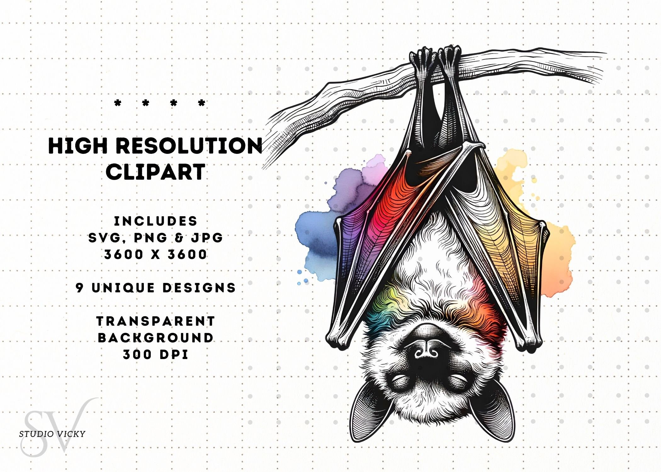 Watercolor Bat Clipart Bundle: Halloween PNG, SVG, JPEG (Digital Download)