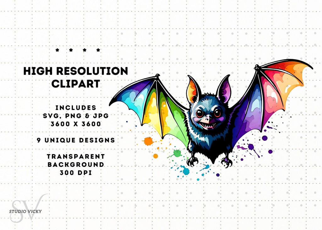 Watercolor Bat Clipart Bundle: Halloween PNG, SVG, JPEG (Digital Download)