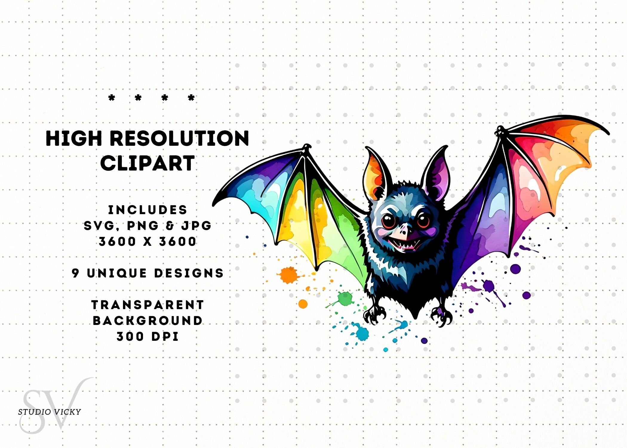 Watercolor Bat Clipart Bundle: Halloween PNG, SVG, JPEG (Digital Download)