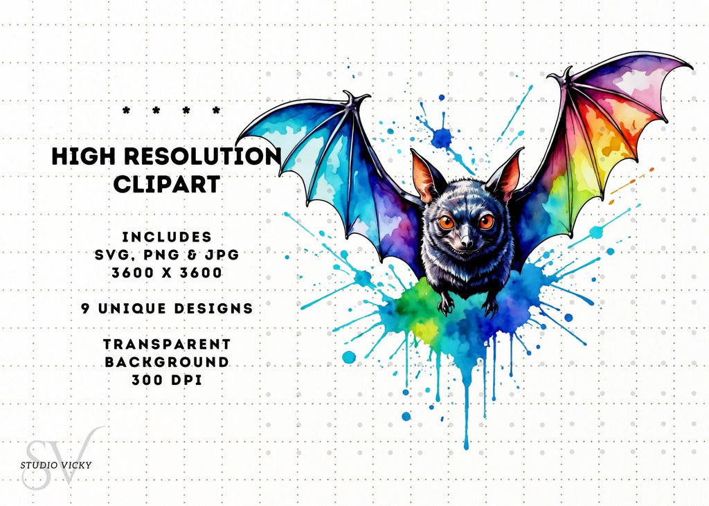 Watercolor Bat Clipart Bundle: Halloween PNG, SVG, JPEG (Digital Download)