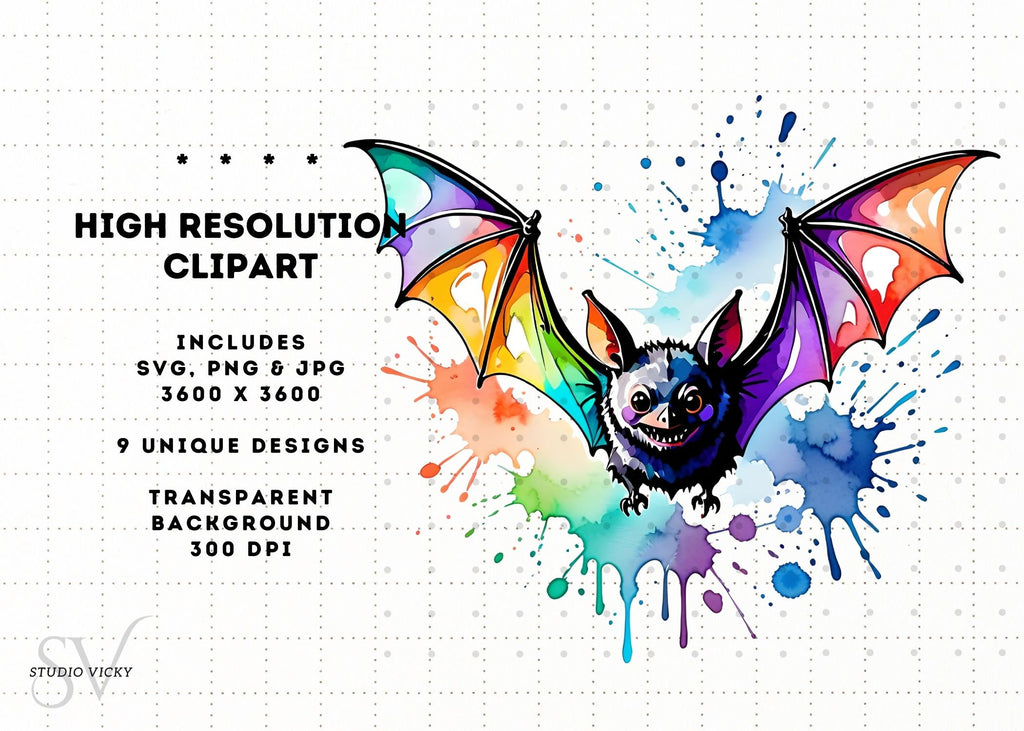 Watercolor Bat Clipart Bundle: Halloween PNG, SVG, JPEG (Digital Download)