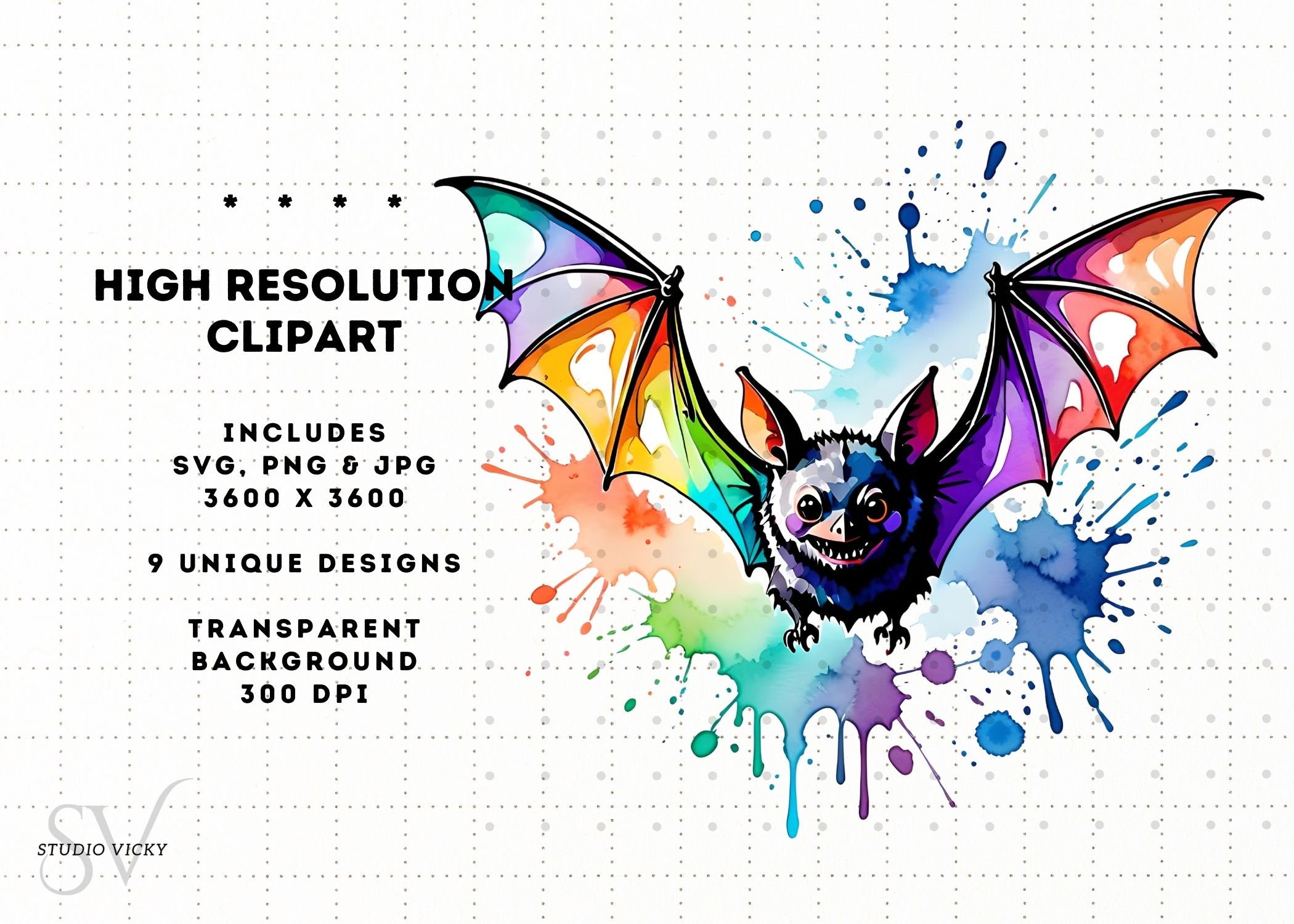 Watercolor Bat Clipart Bundle: Halloween PNG, SVG, JPEG (Digital Download)