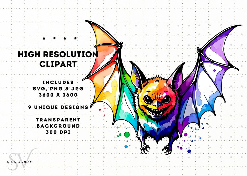 Watercolor Bat Clipart Bundle: Halloween PNG, SVG, JPEG (Digital Download)