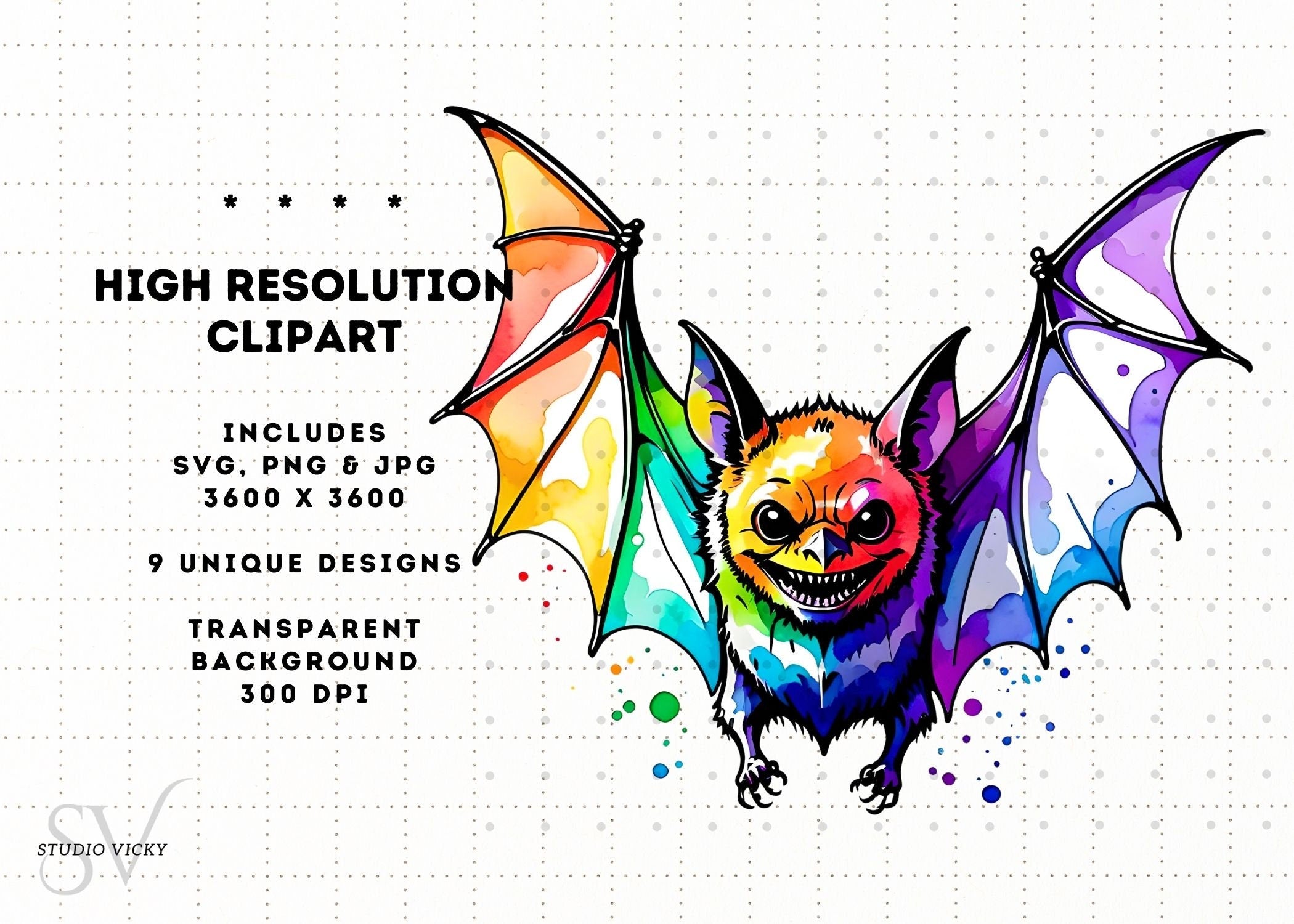 Watercolor Bat Clipart Bundle: Halloween PNG, SVG, JPEG (Digital Download)