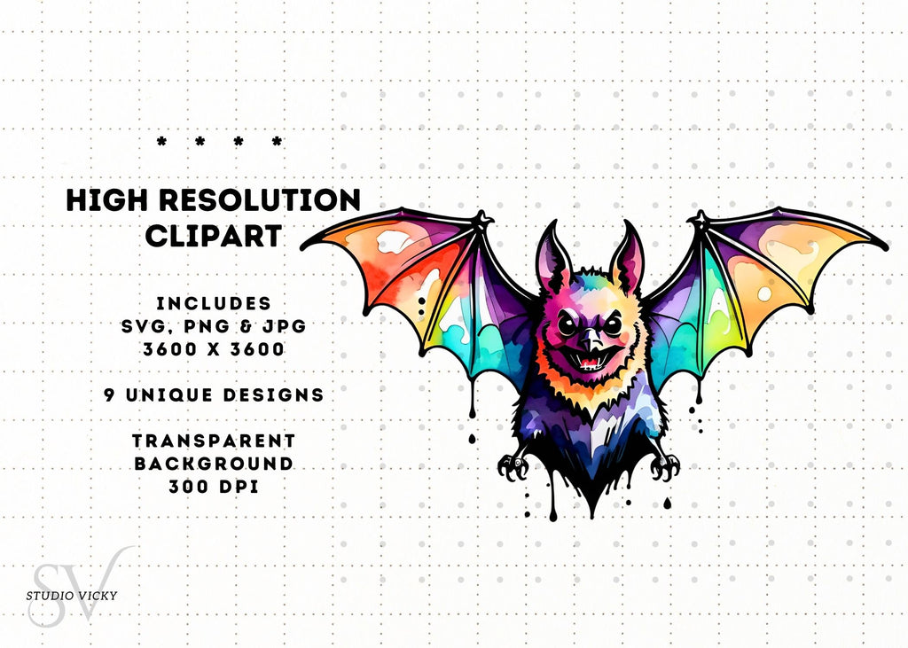 Watercolor Bat Clipart Bundle: Halloween PNG, SVG, JPEG (Digital Download)