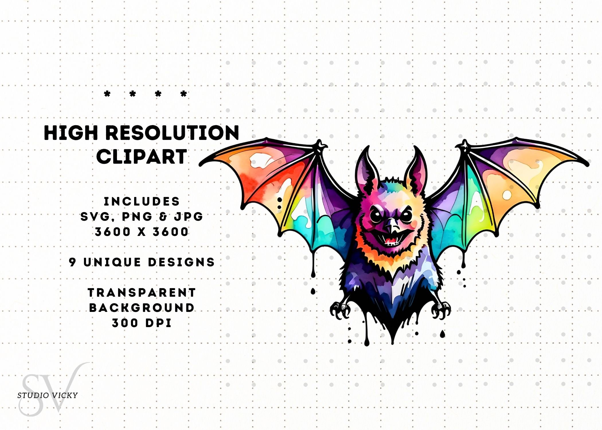 Watercolor Bat Clipart Bundle: Halloween PNG, SVG, JPEG (Digital Download)
