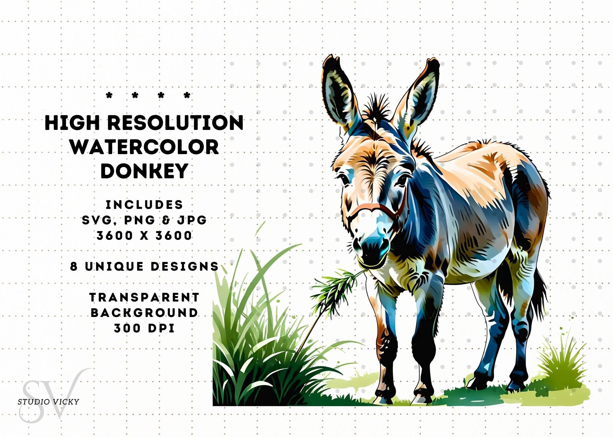 Watercolor Donkey Clipart: Farm Animal PNG, SVG, JPG (Digital Download)
