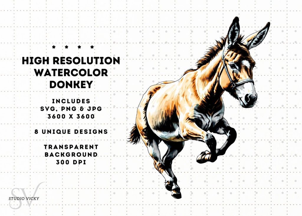 Watercolor Donkey Clipart: Farm Animal PNG, SVG, JPG (Digital Download)