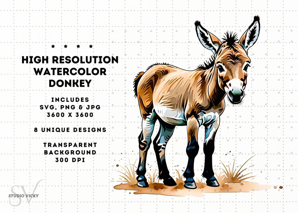 Watercolor Donkey Clipart: Farm Animal PNG, SVG, JPG (Digital Download)