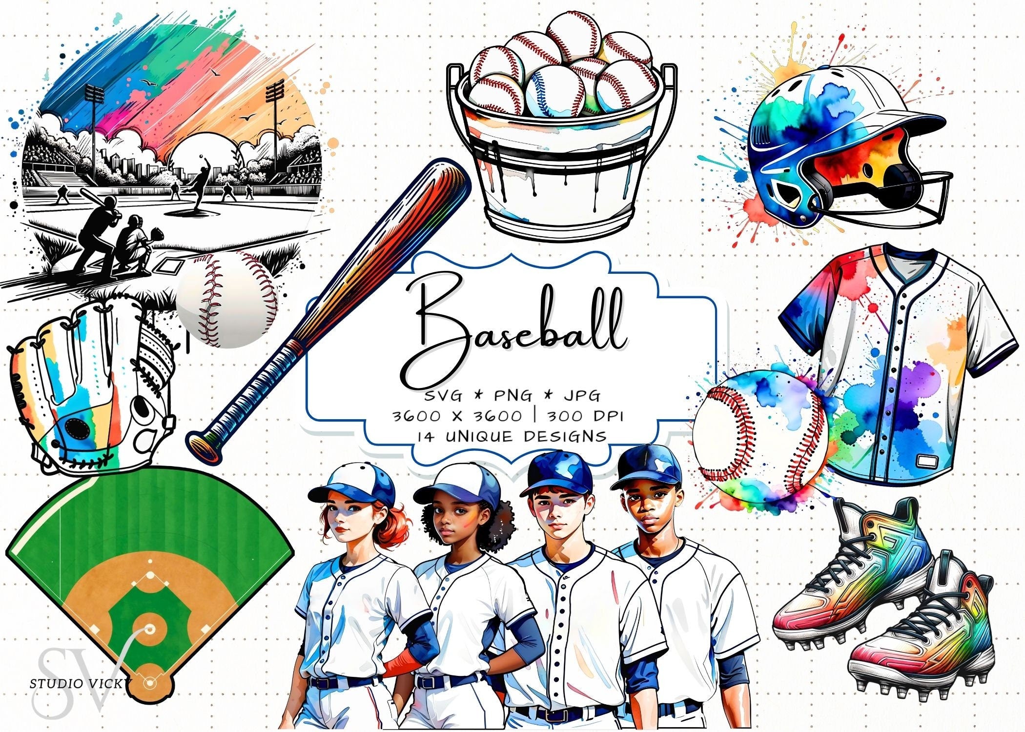 Watercolor Baseball Clipart: PNG, SVG, JPG Files