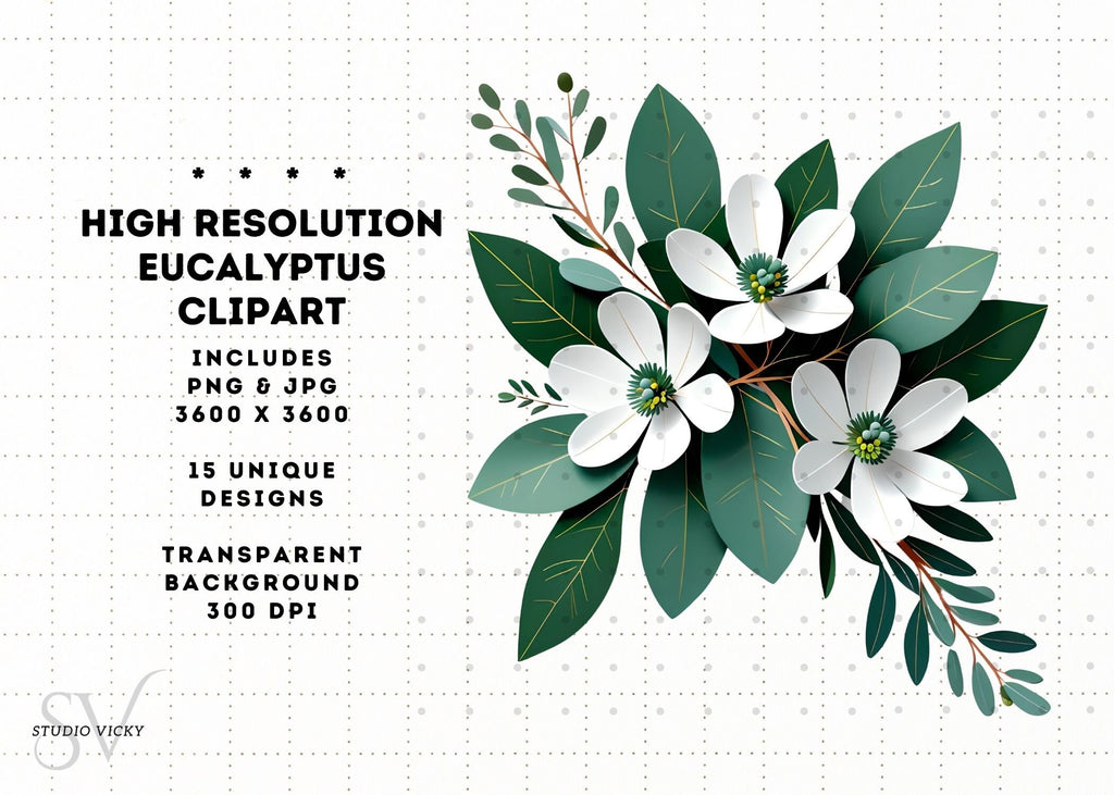 Eucalyptus Clipart Set: Watercolor Leaf, Silver & Gold Frames (PNG, JPG)