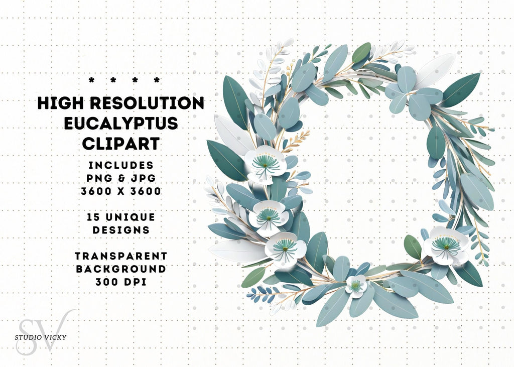 Eucalyptus Clipart Set: Watercolor Leaf, Silver & Gold Frames (PNG, JPG)