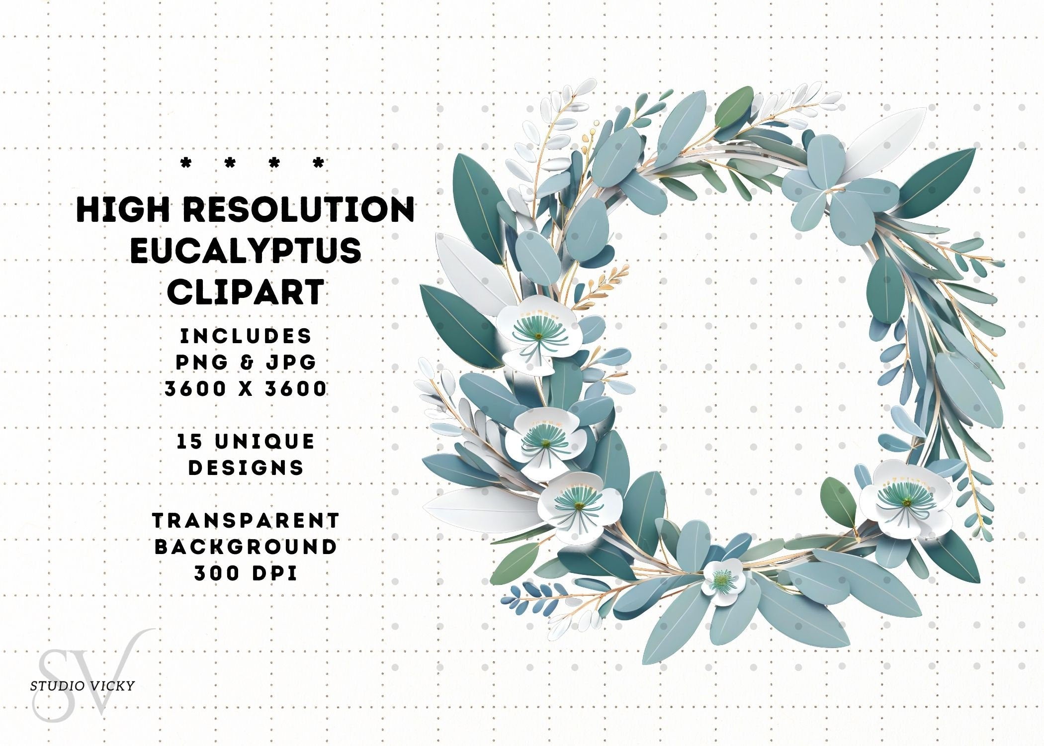 Eucalyptus Clipart Set: Watercolor Leaf, Silver & Gold Frames (PNG, JPG)