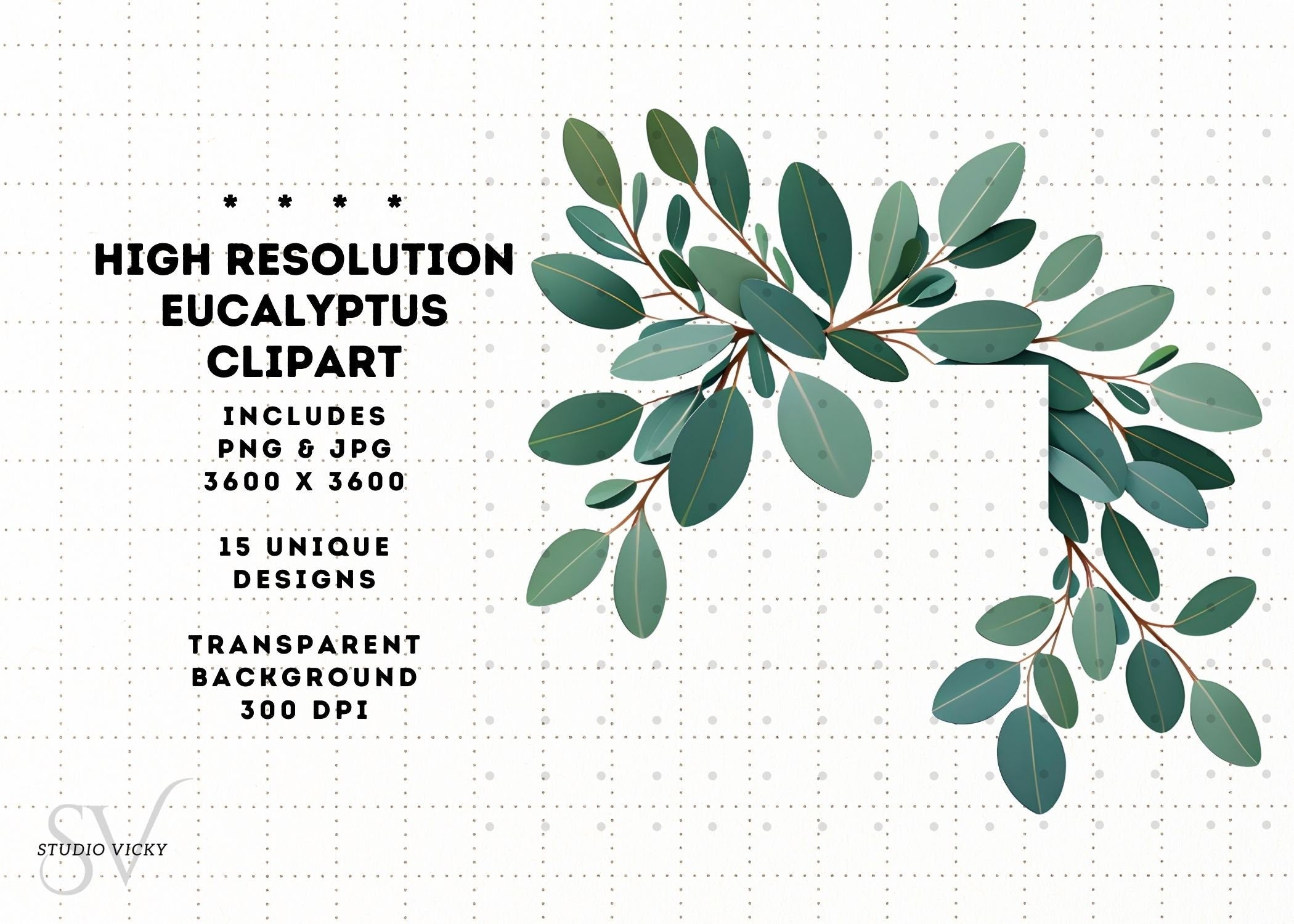 Eucalyptus Clipart Set: Watercolor Leaf, Silver & Gold Frames (PNG, JPG)