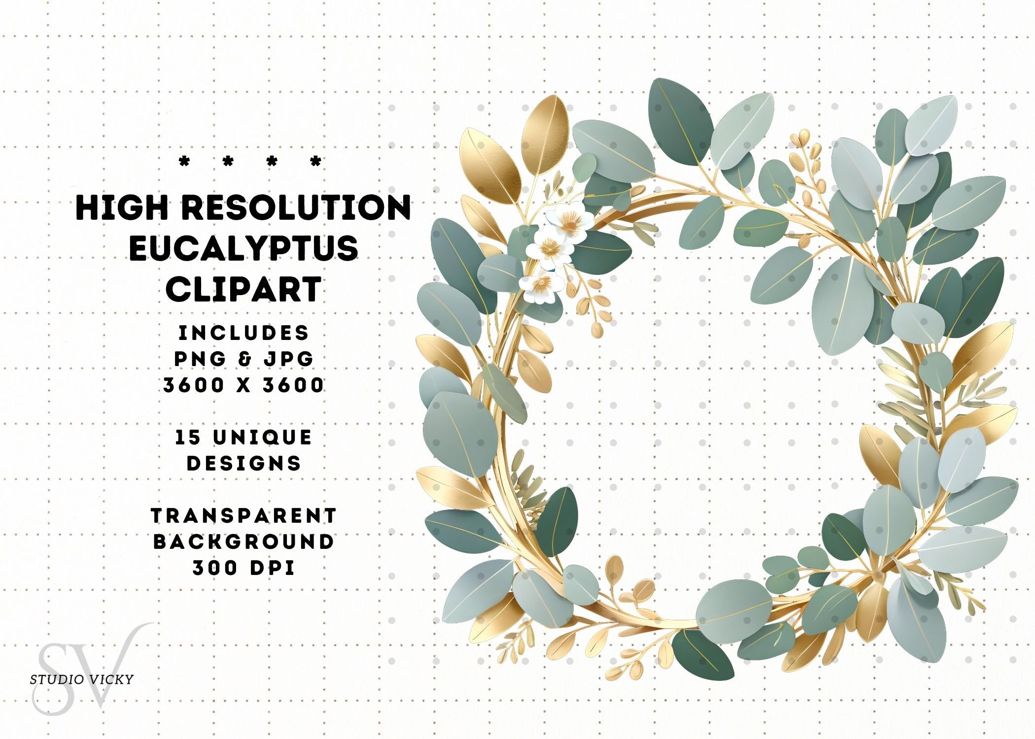 Eucalyptus Clipart Set: Watercolor Leaf, Silver & Gold Frames (PNG, JPG)
