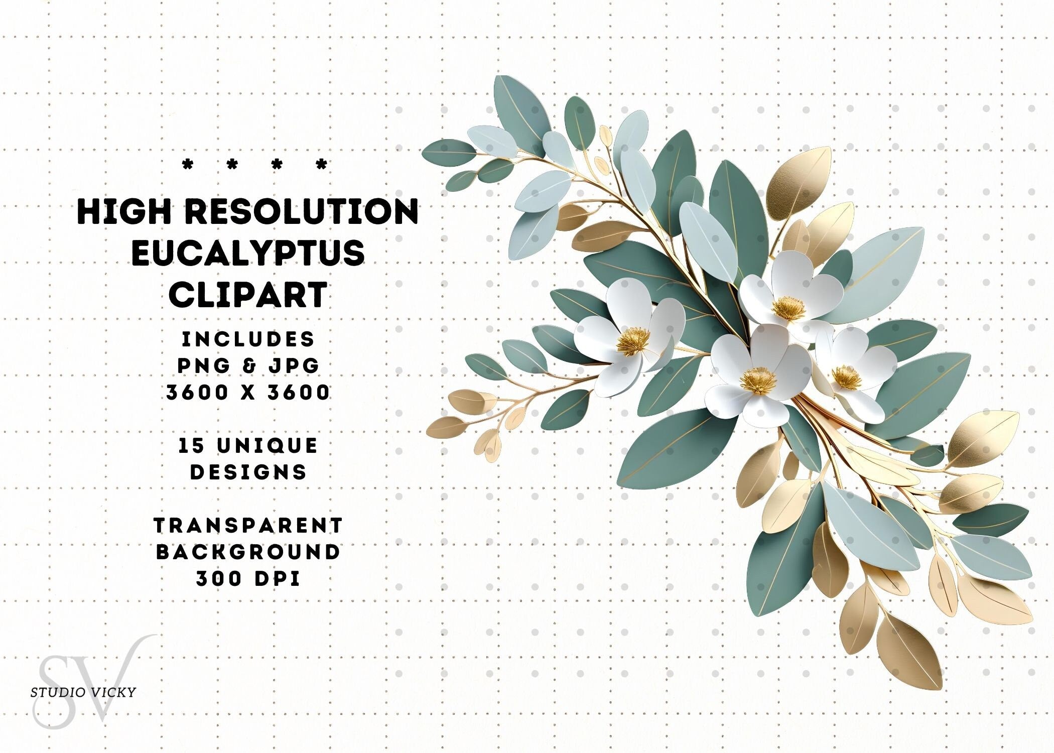Eucalyptus Clipart Set: Watercolor Leaf, Silver & Gold Frames (PNG, JPG)
