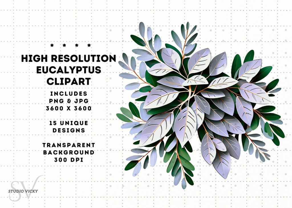 Eucalyptus Clipart Set: Watercolor Leaf, Silver & Gold Frames (PNG, JPG)