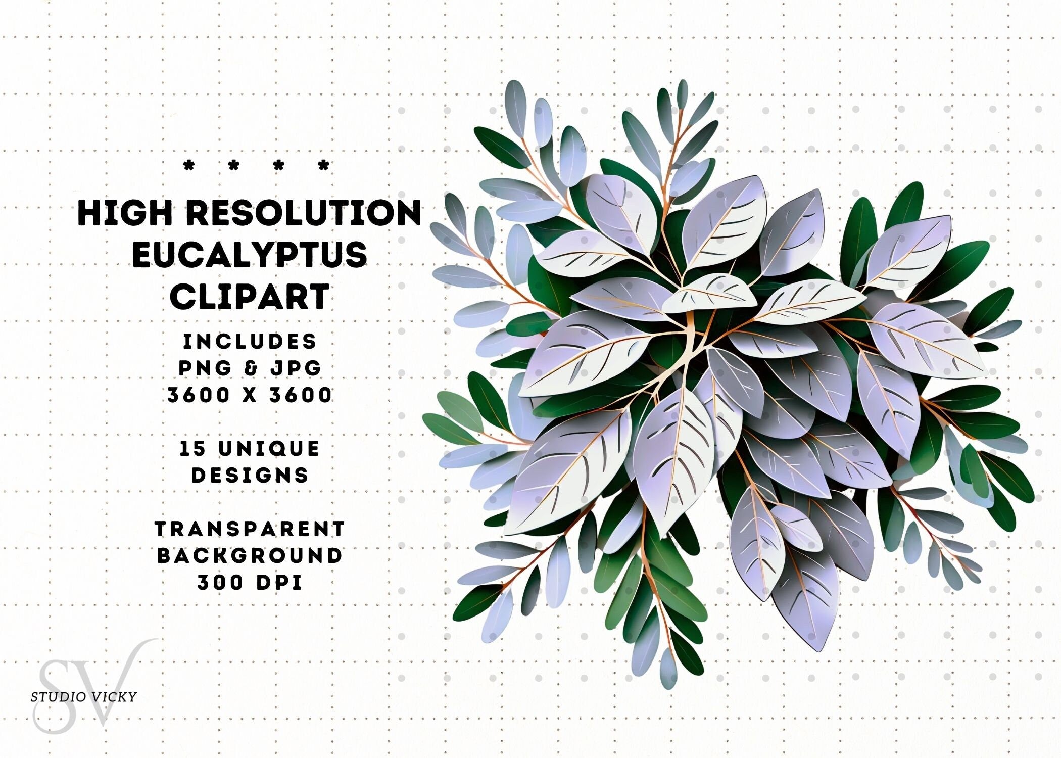 Eucalyptus Clipart Set: Watercolor Leaf, Silver & Gold Frames (PNG, JPG)