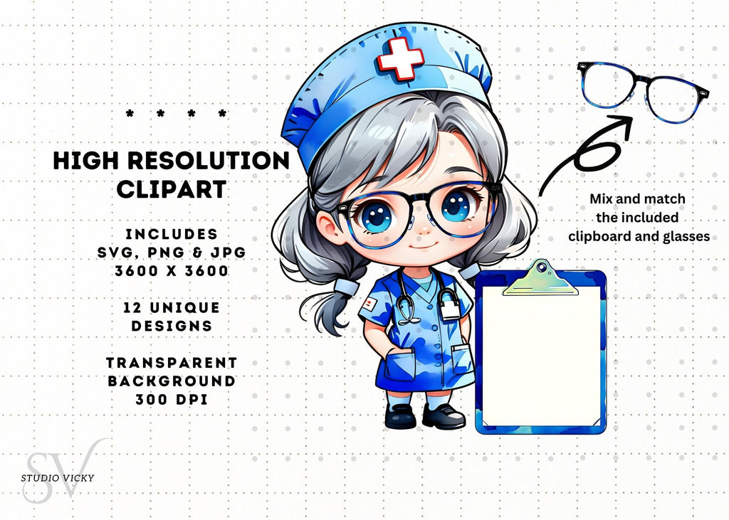 Kawaii Nurse Clipart Bundle: Chibi Art SVG, PNG, JPG