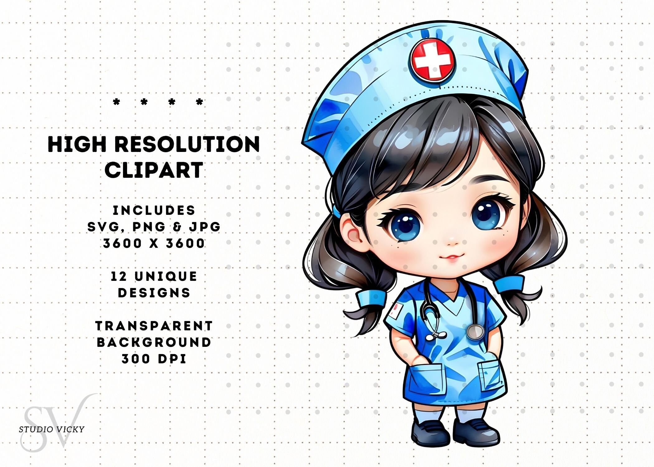 Kawaii Nurse Clipart Bundle: Chibi Art SVG, PNG, JPG