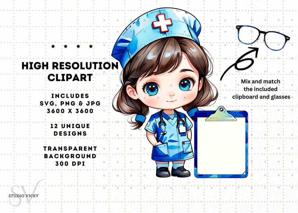 Kawaii Nurse Clipart Bundle: Chibi Art SVG, PNG, JPG