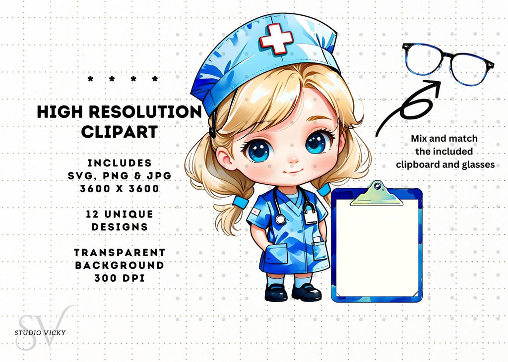 Kawaii Nurse Clipart Bundle: Chibi Art SVG, PNG, JPG