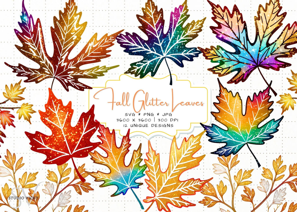 Glitter Fall Leaves Clipart Bundle: Autumn SVG, PNG, JPEG (3600x3600)