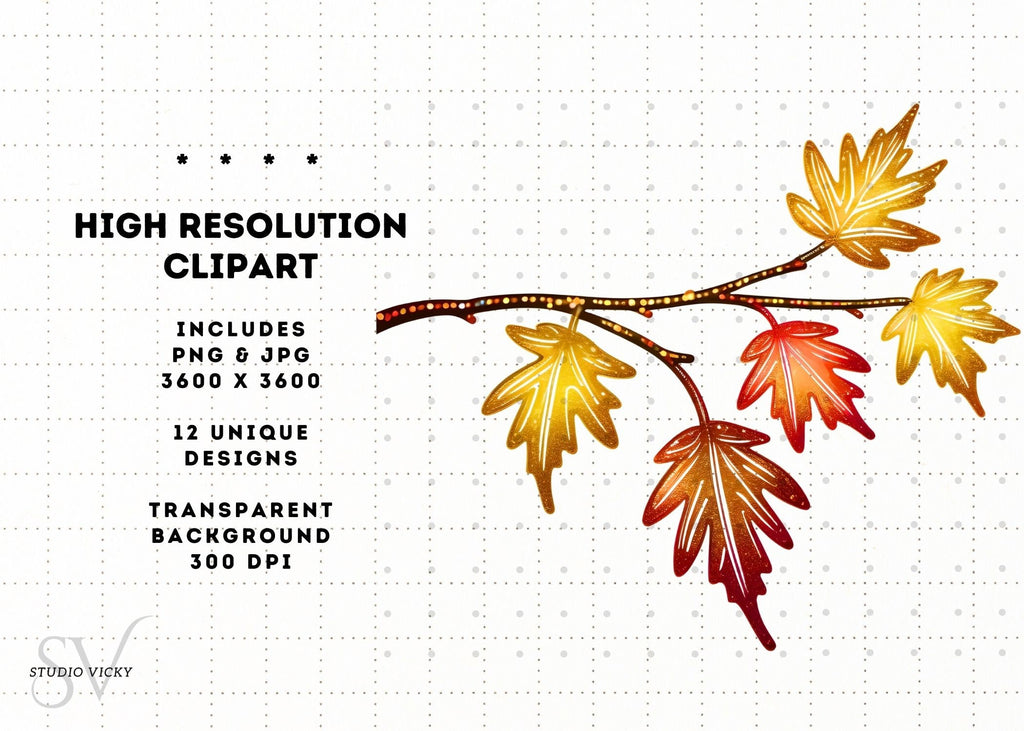 Glitter Fall Leaves Clipart Bundle: Autumn SVG, PNG, JPEG (3600x3600)