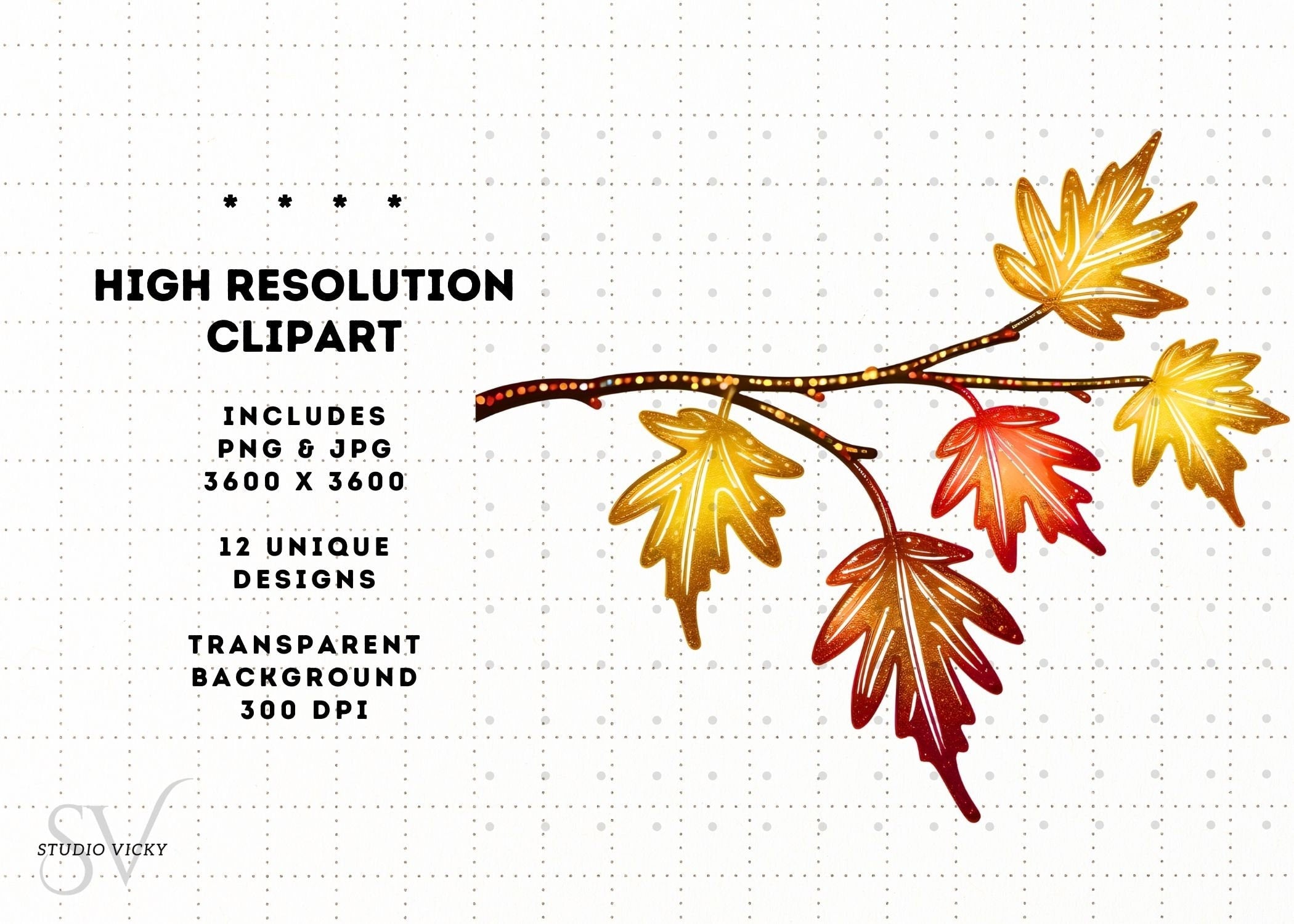 Glitter Fall Leaves Clipart Bundle: Autumn SVG, PNG, JPEG (3600x3600)
