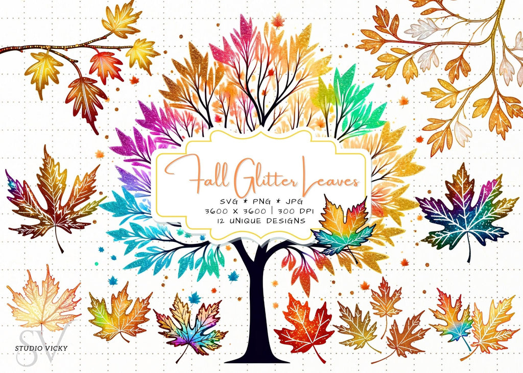 Glitter Fall Leaves Clipart Bundle: Autumn SVG, PNG, JPEG (3600x3600)