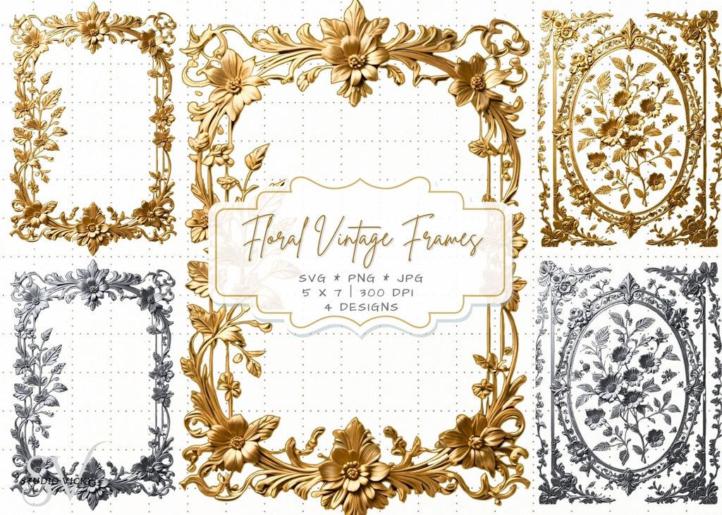 Gold and Silver Floral Vintage Frames, Regency Style (SVG, PNG, JPG)