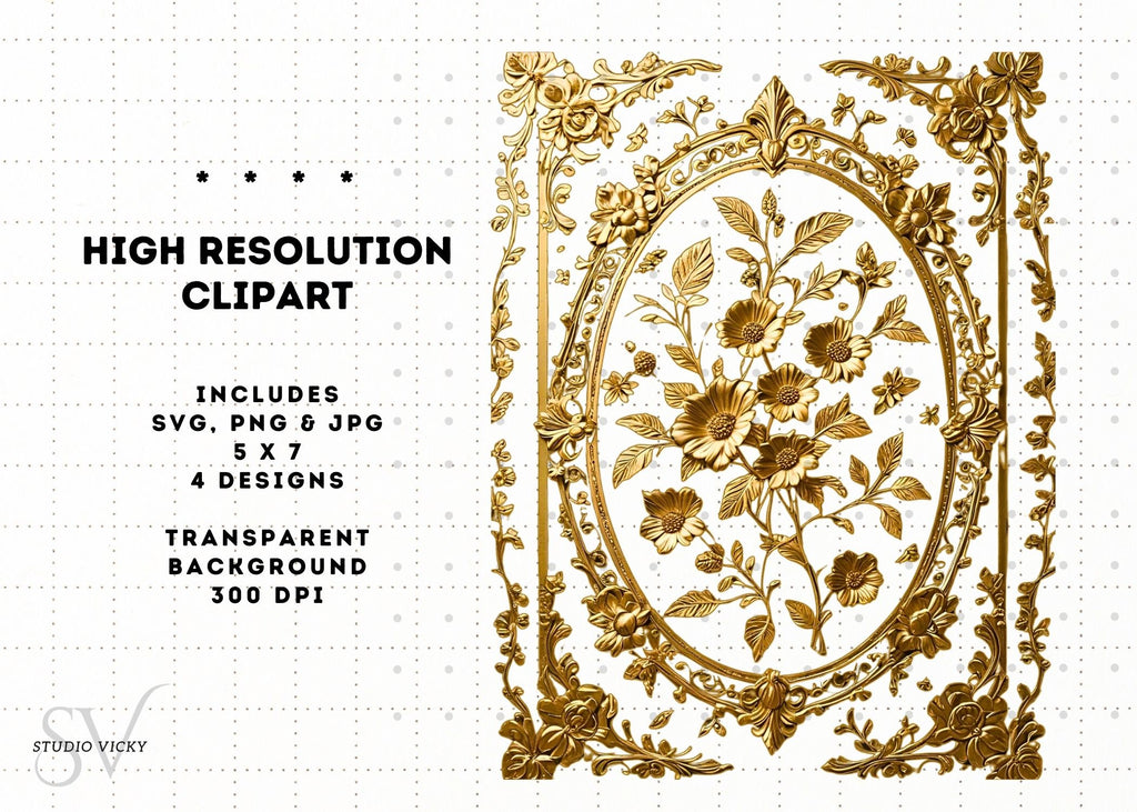 Gold and Silver Floral Vintage Frames, Regency Style (SVG, PNG, JPG)