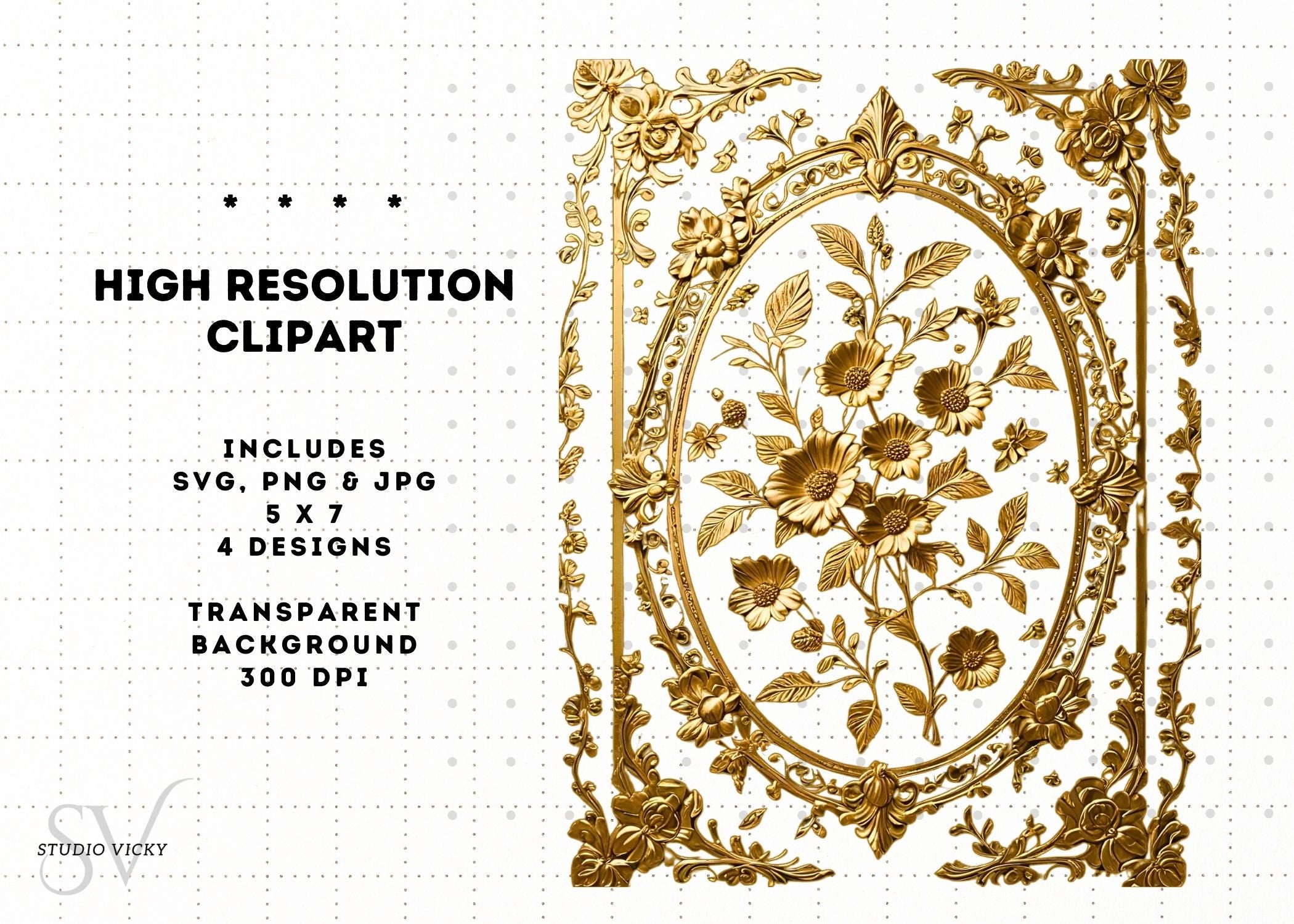Gold and Silver Floral Vintage Frames, Regency Style (SVG, PNG, JPG)
