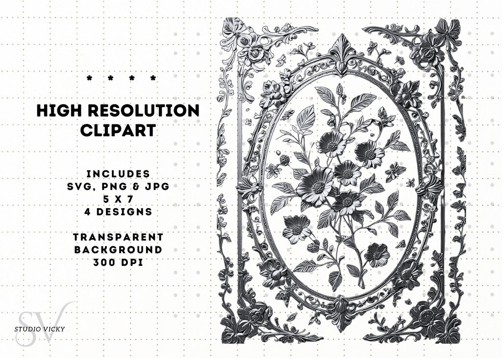 Gold and Silver Floral Vintage Frames, Regency Style (SVG, PNG, JPG)