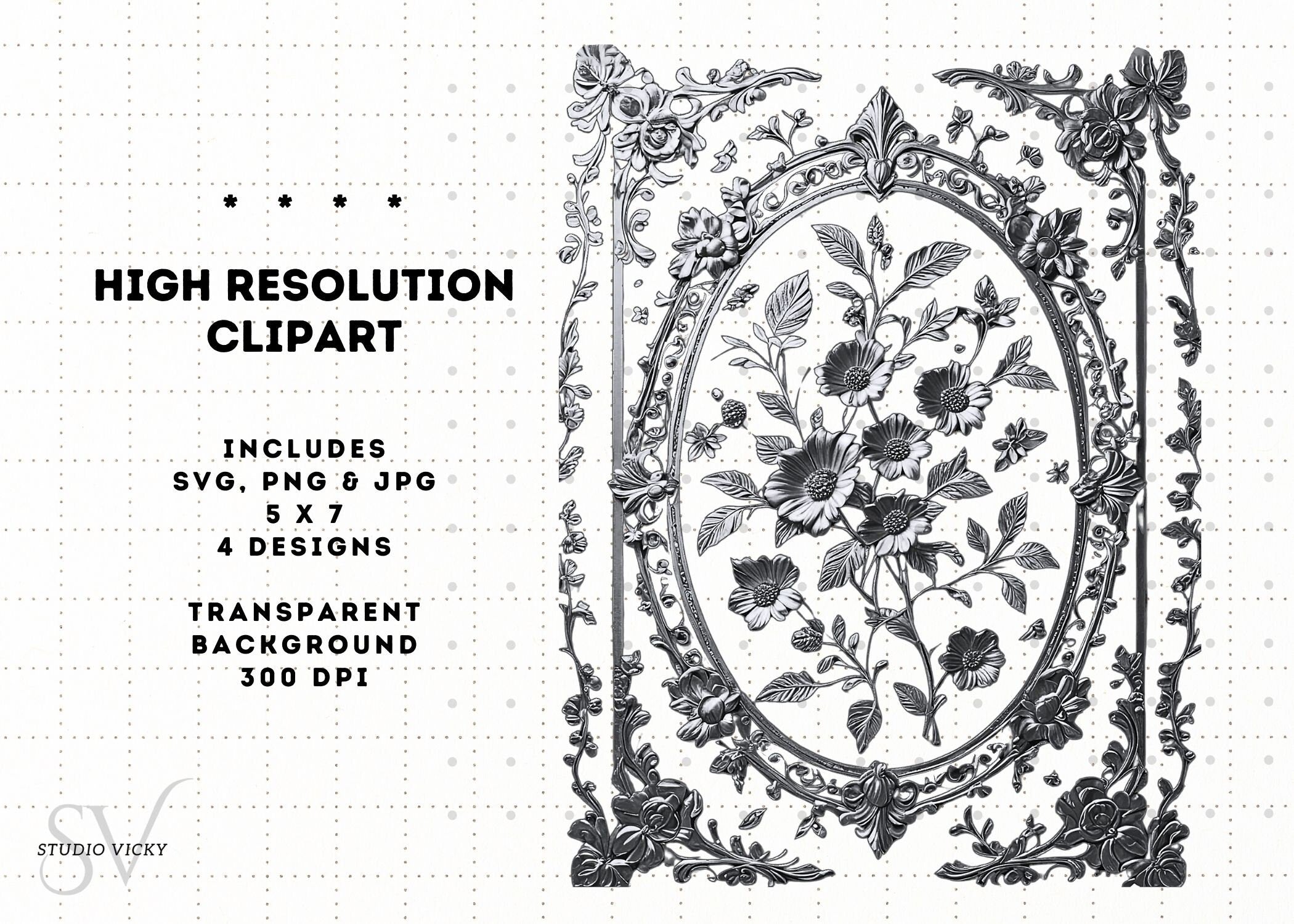 Gold and Silver Floral Vintage Frames, Regency Style (SVG, PNG, JPG)
