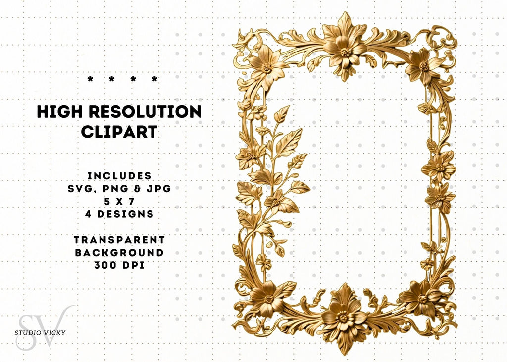 Gold and Silver Floral Vintage Frames, Regency Style (SVG, PNG, JPG)