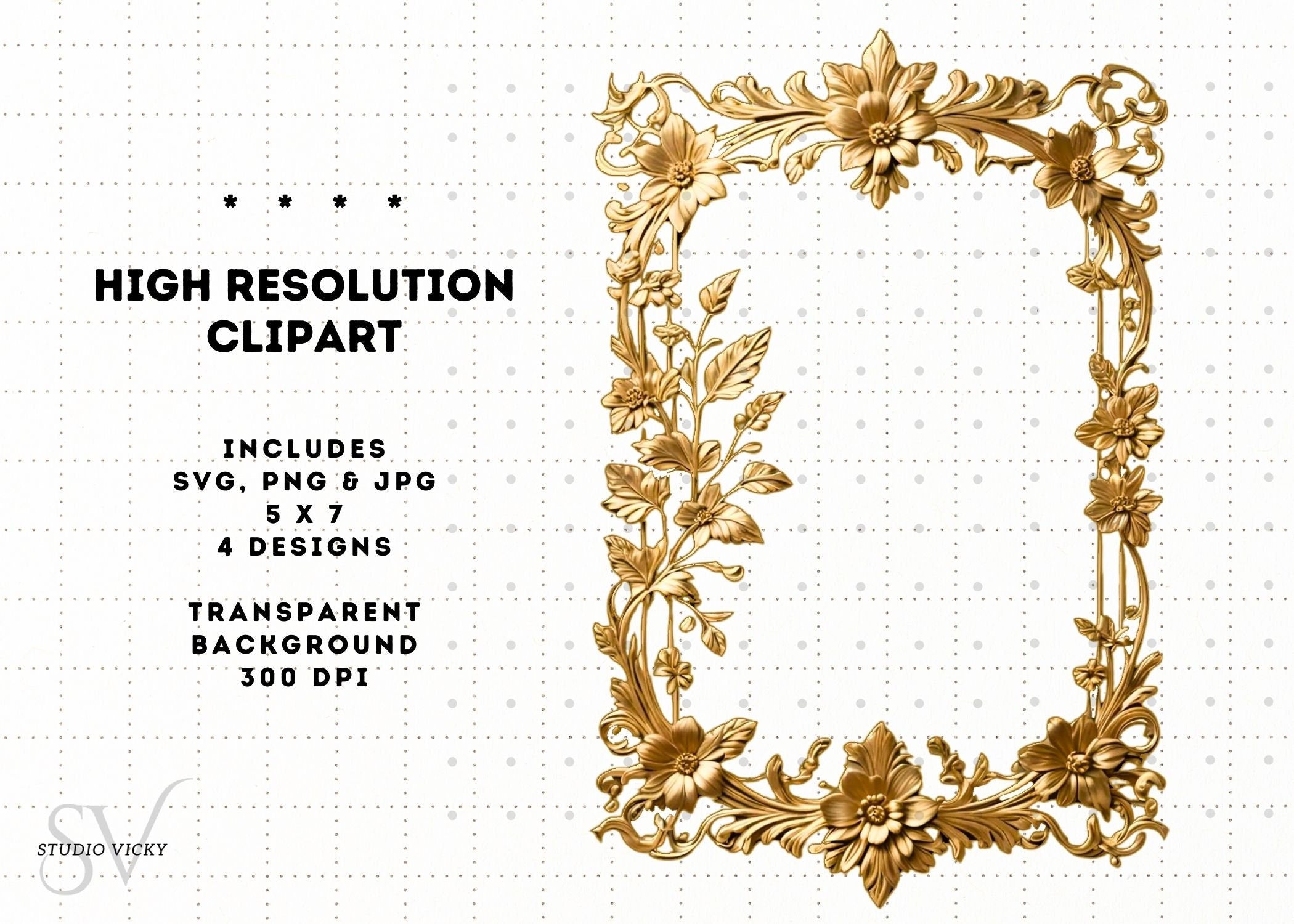 Gold and Silver Floral Vintage Frames, Regency Style (SVG, PNG, JPG)
