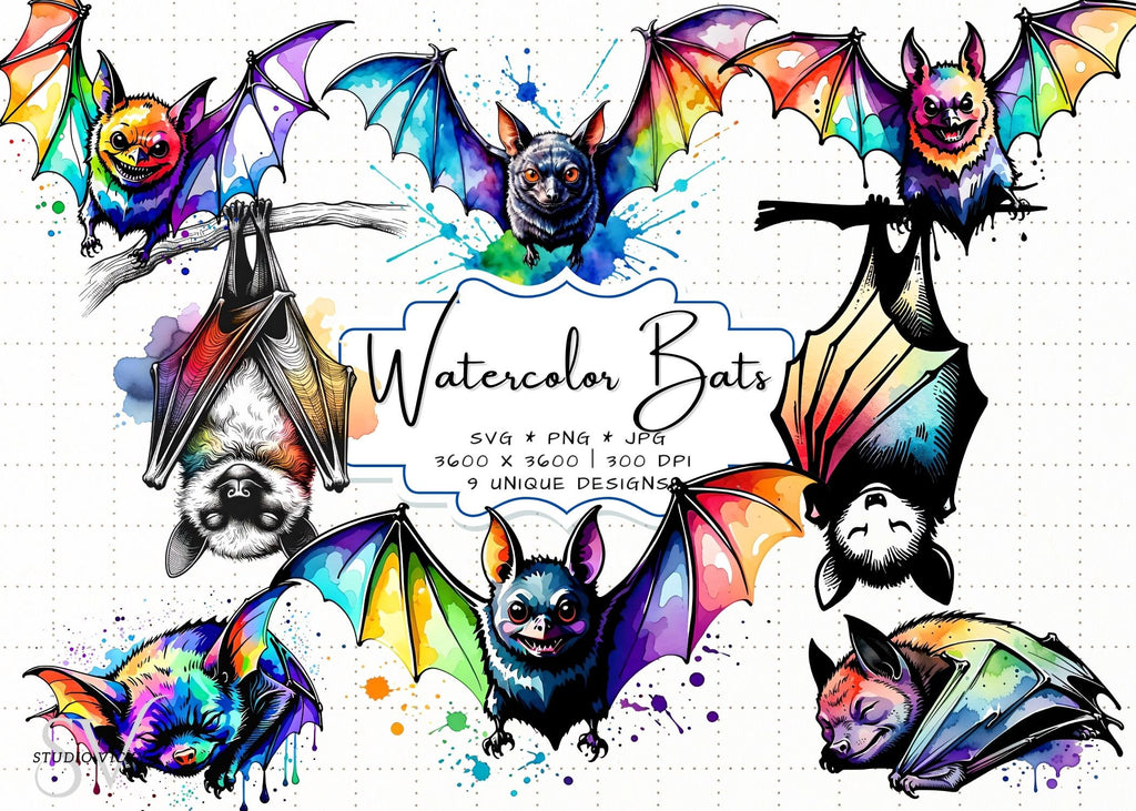 Watercolor Bat Clipart Bundle: Halloween PNG, SVG, JPEG (Digital Download)