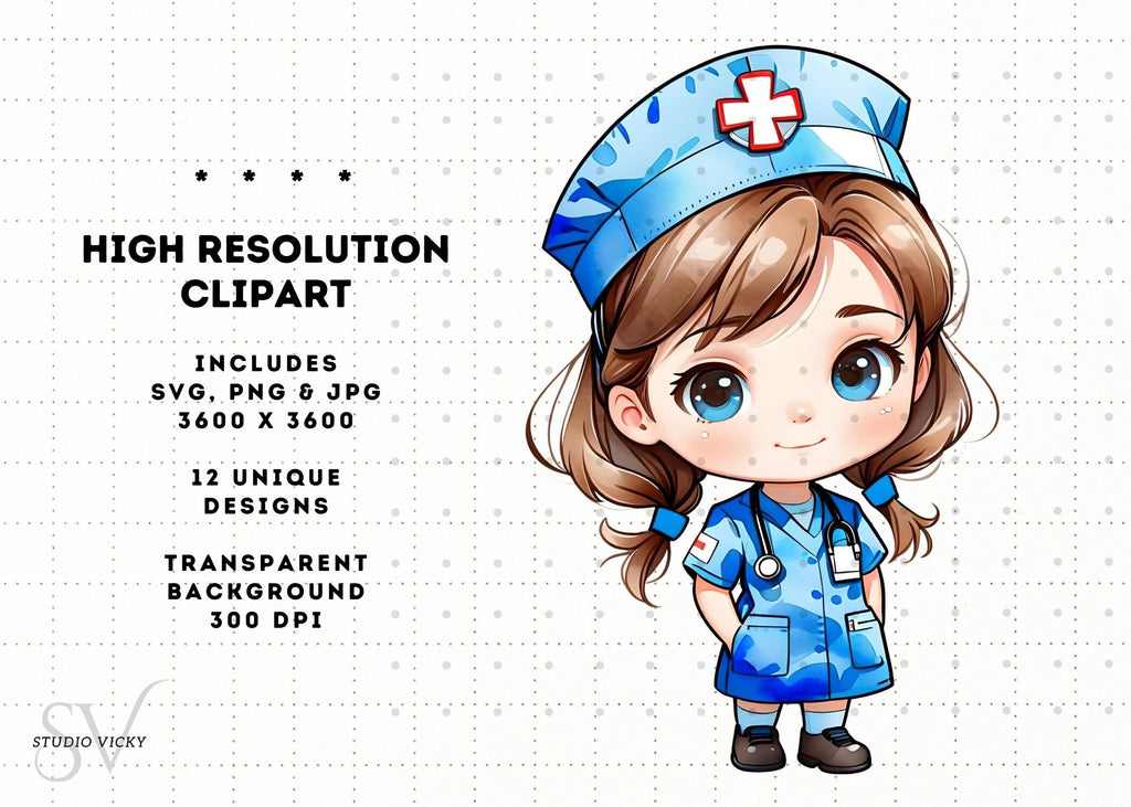 Kawaii Nurse Clipart Bundle: Chibi Art SVG, PNG, JPG