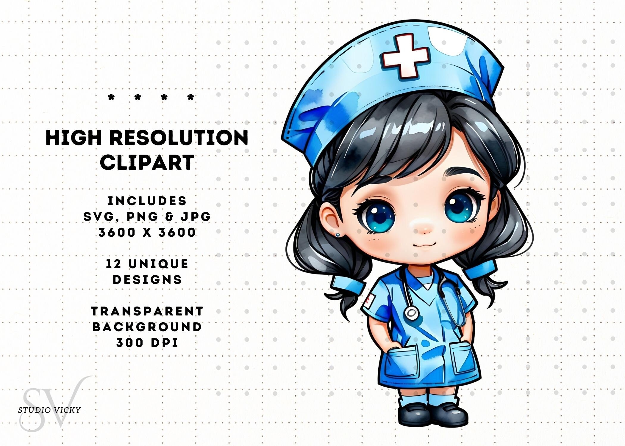 Kawaii Nurse Clipart Bundle: Chibi Art SVG, PNG, JPG