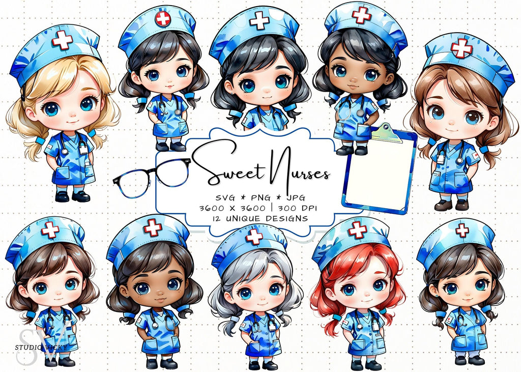 Kawaii Nurse Clipart Bundle: Chibi Art SVG, PNG, JPG