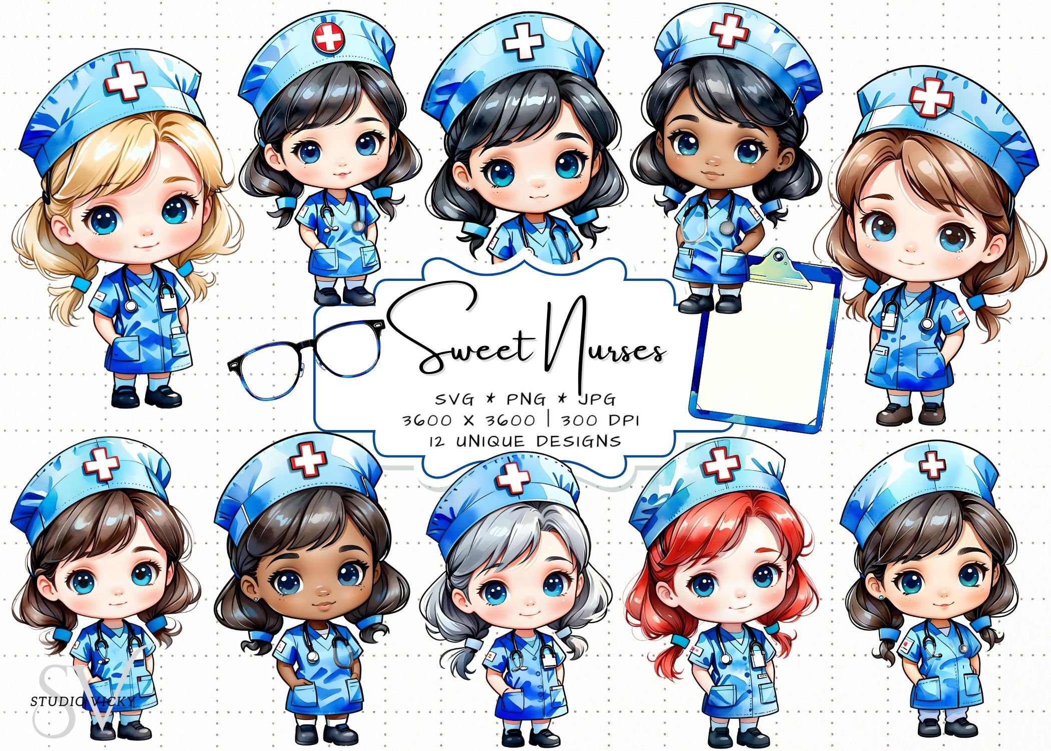 Kawaii Nurse Clipart Bundle: Chibi Art SVG, PNG, JPG