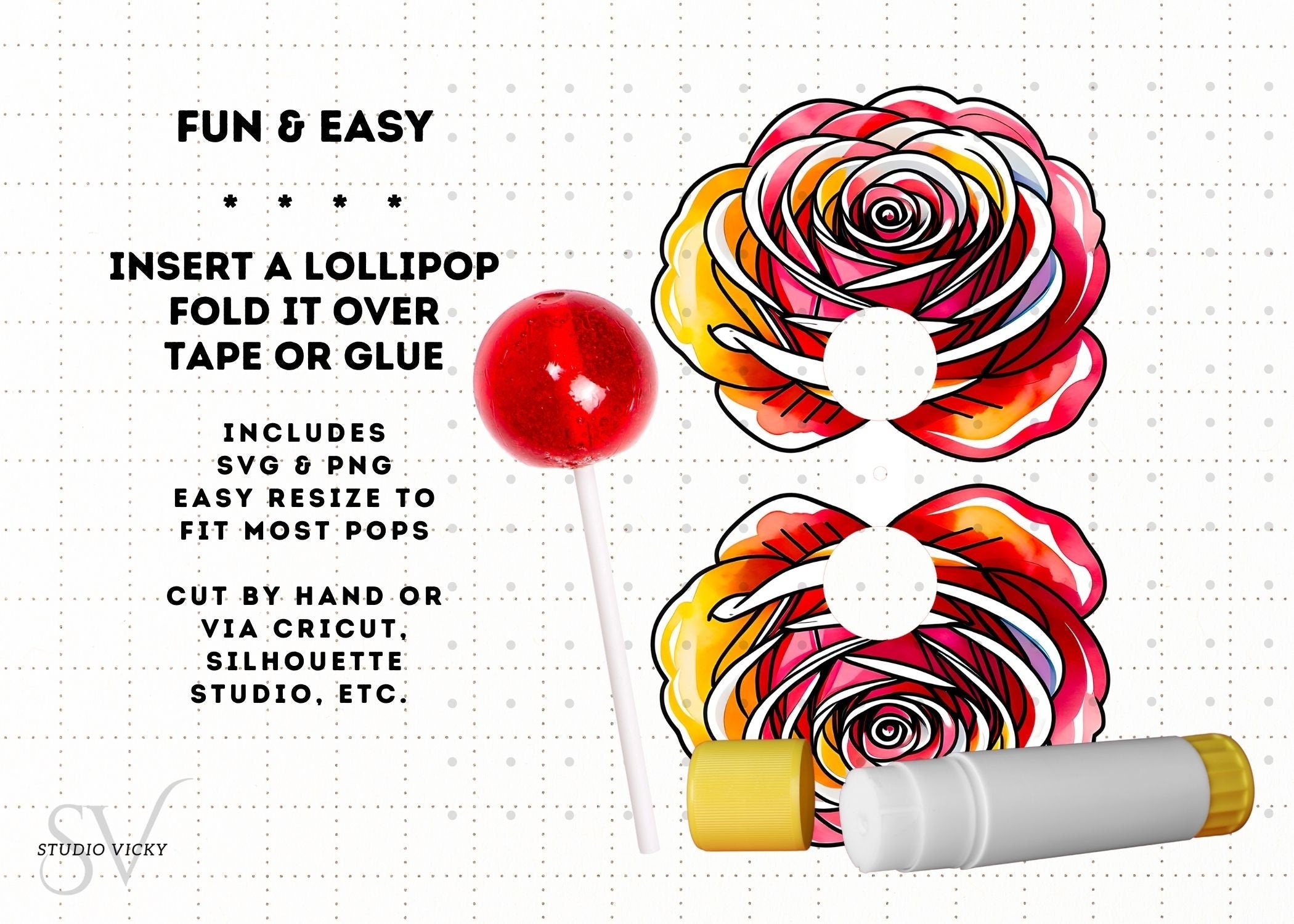 Flower Lollipop Holder SVG Bundle: Rose, Sunflower, Poppy (Digital Download)