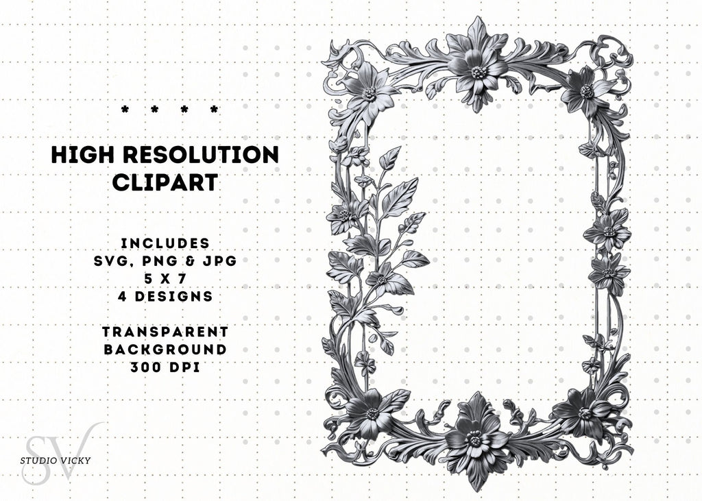 Gold and Silver Floral Vintage Frames, Regency Style (SVG, PNG, JPG)
